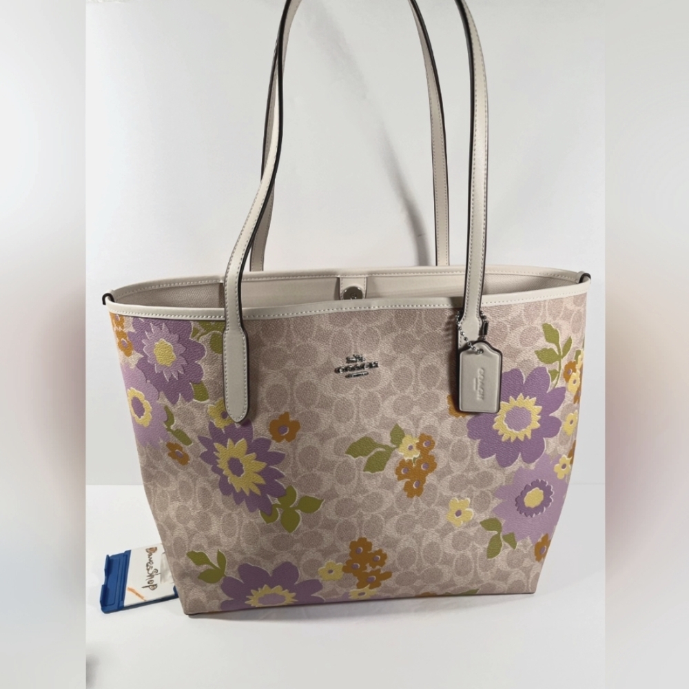 NWT COACH City Tote Bag Signature Canvas With Floral Print Silver/Sand